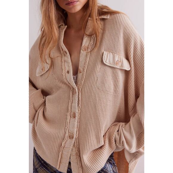Free People Jackets & Blazers - Free People FP One Sz Small Cream Scout Waffle Knit Oversized Shacket Jacket